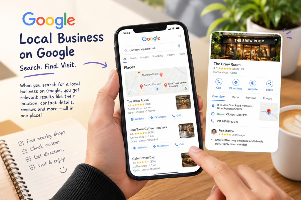 Small local business shop owner checking Google search results